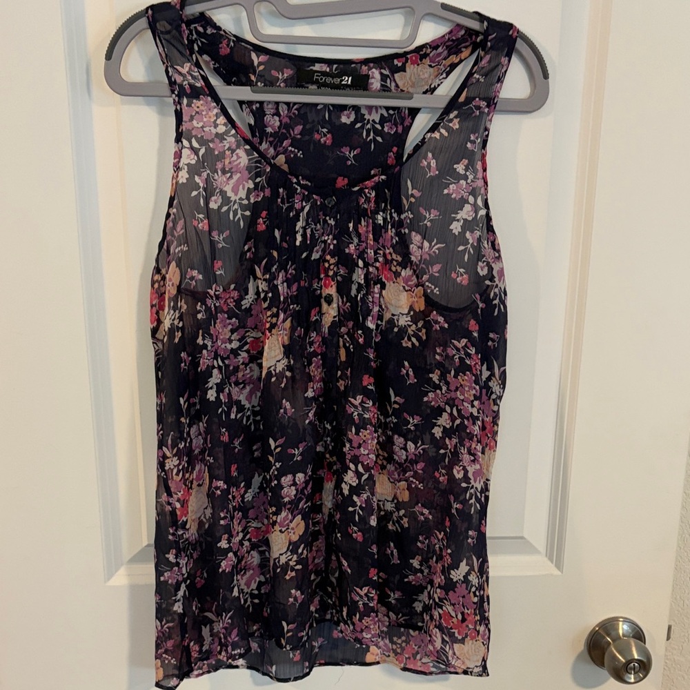 Forever 21 Floral Chiffon Blouse - navy and Purple